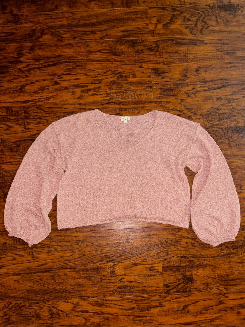 POL Cropped Sweater Blush Pink V-Neck Lightweight Knit Balloon Sleeve Top